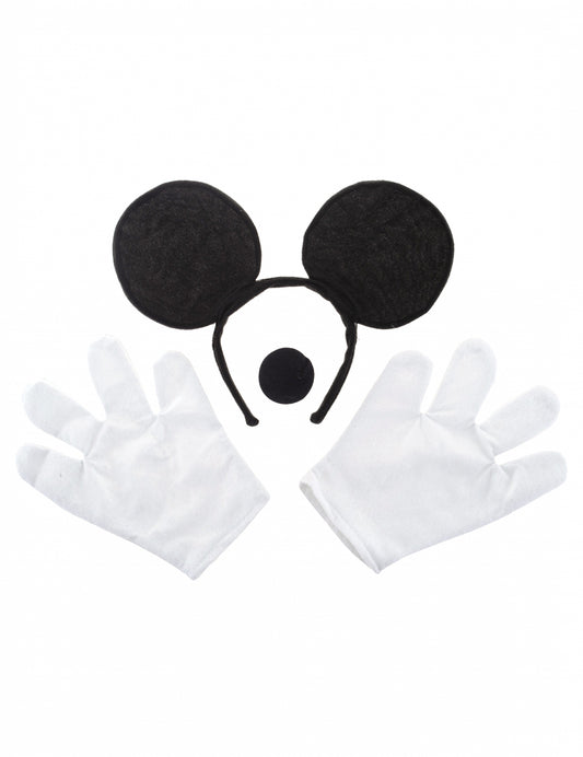 Détail des oreilles, du nez et des gants du kit accessoires souris pour adulte