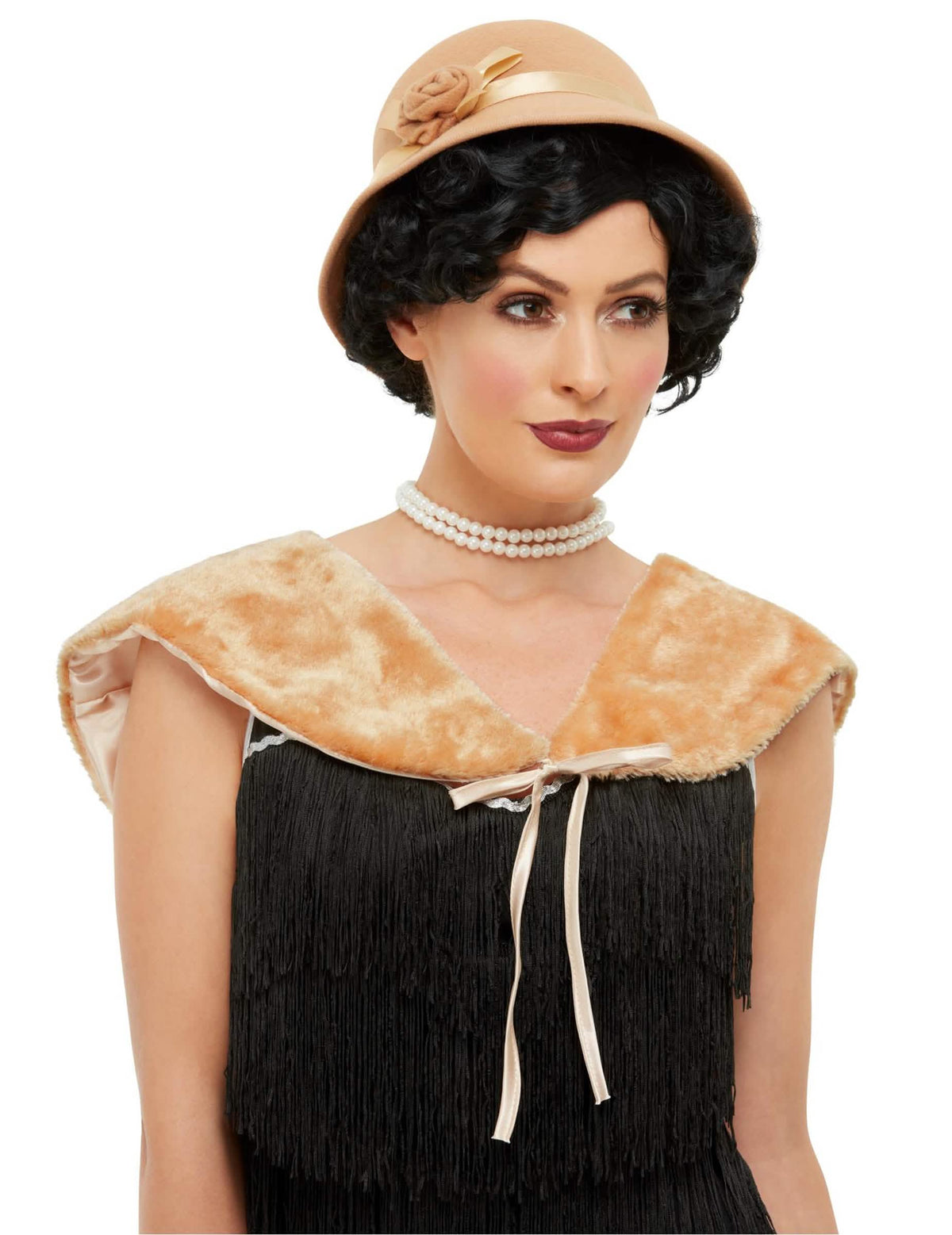 20-luvun asu naiset beige, cloche-hatulla ja tekoturkistoolalla