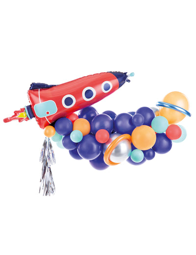 Kit arche de ballons space party pour enfant bleu orange et rouge avec fusée 76 pièces