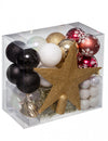 Kit décorations de Noël pour sapin noir blanc rouge et or 44 pièces avec boules et cimier