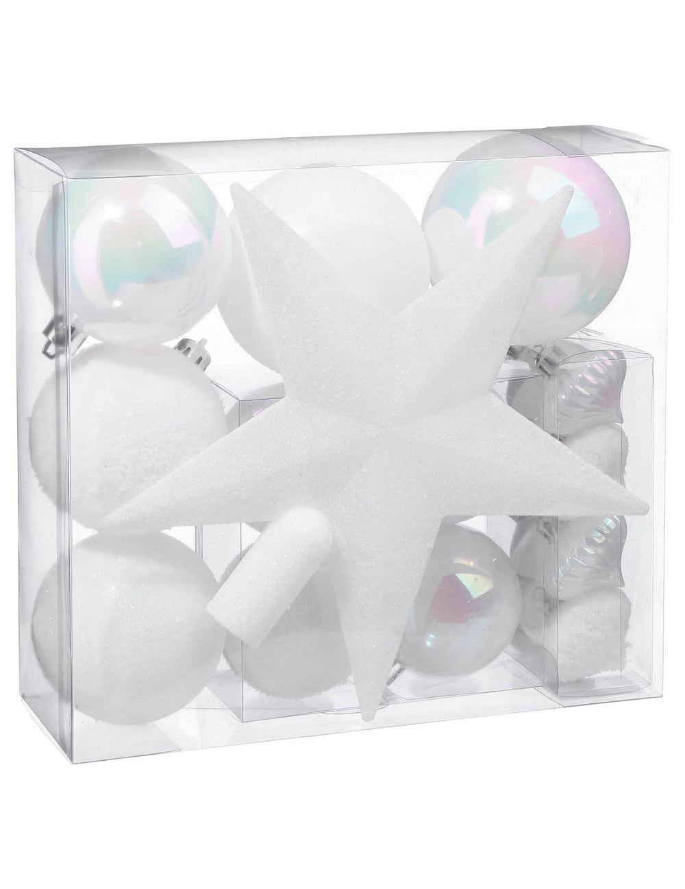 Kit décorations de sapin blanc pour fête 18 pièces avec boules et cimier