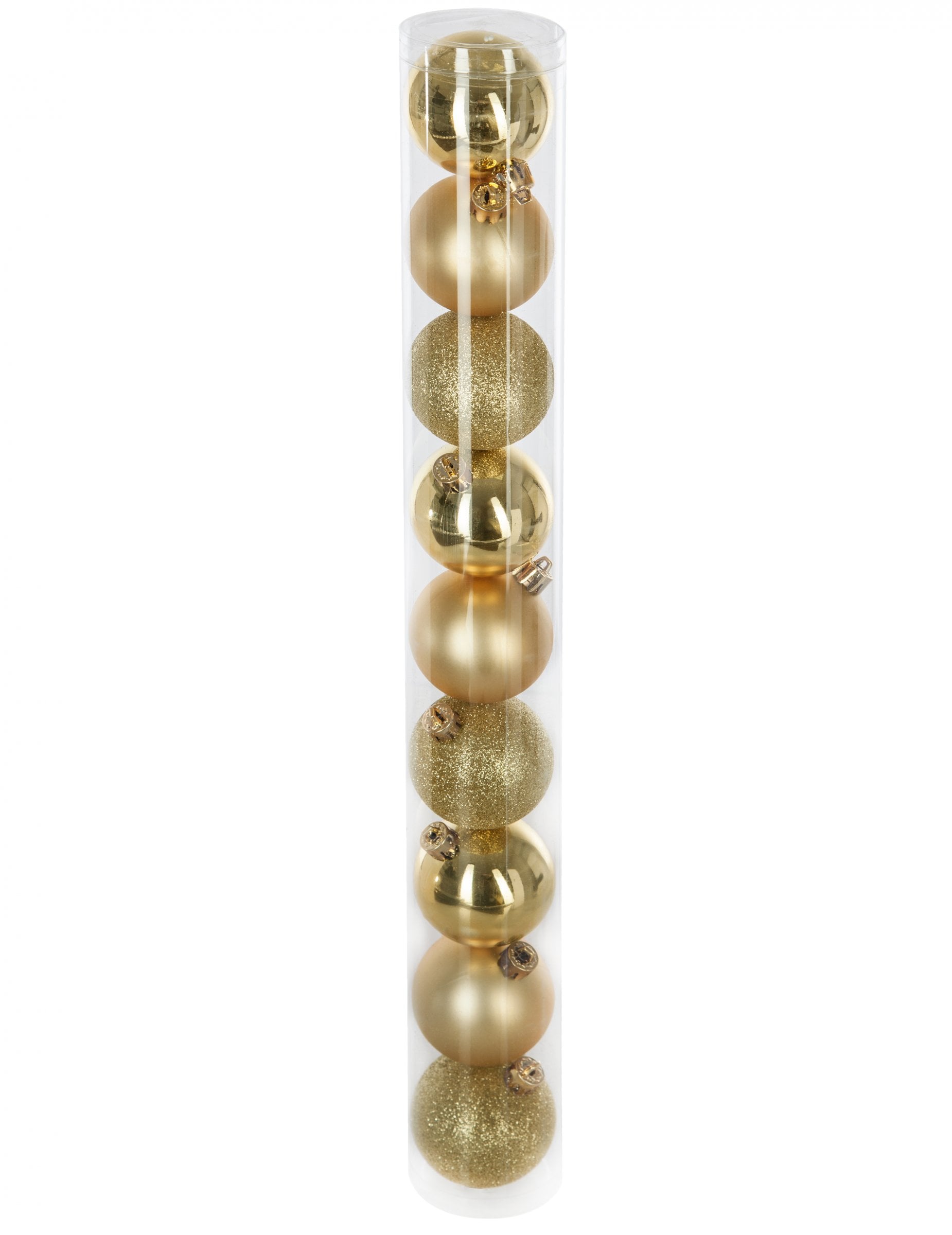9 boules de Noël dorées aux finitions variées brillantes mates et pailletées