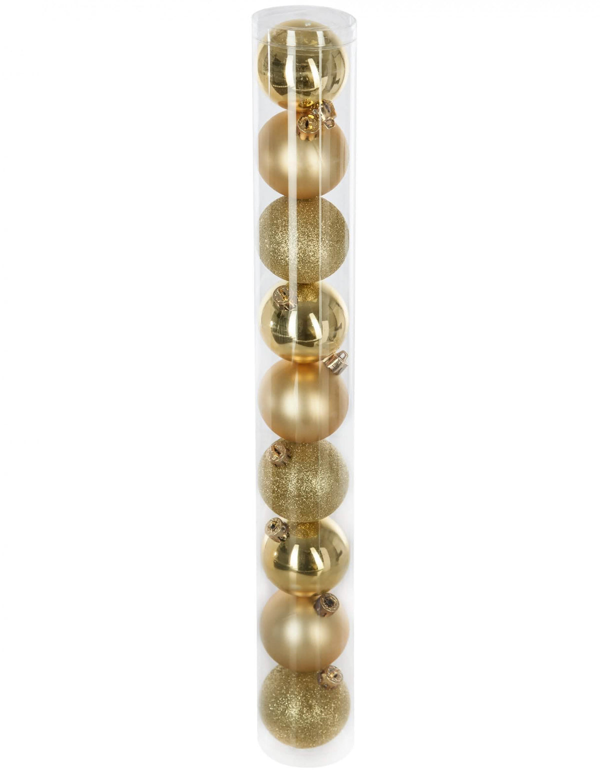 9 boules de Noël dorées aux finitions variées brillantes mates et pailletées
