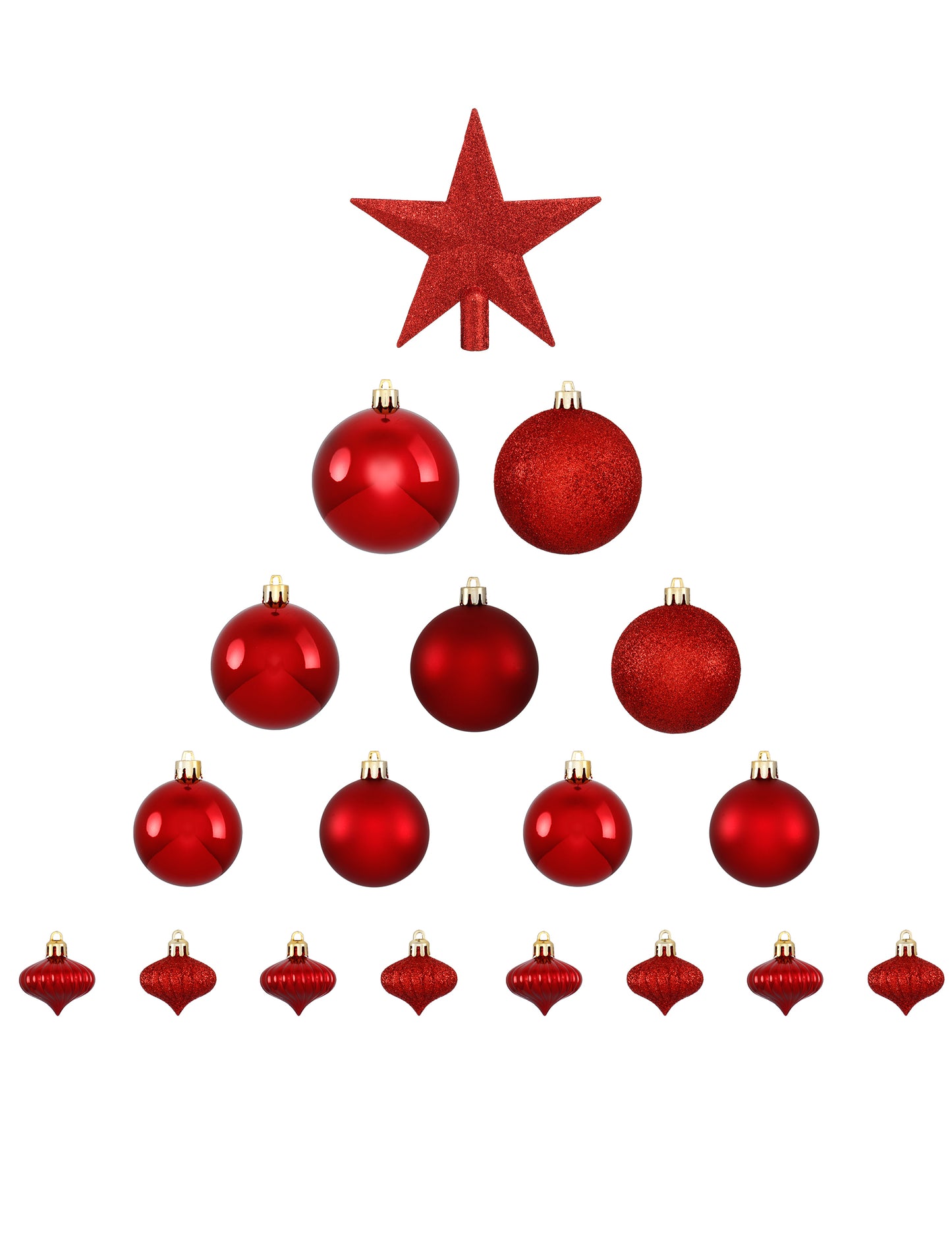 Vue d'ensemble des 18 pièces du kit décorations de sapin pour fête