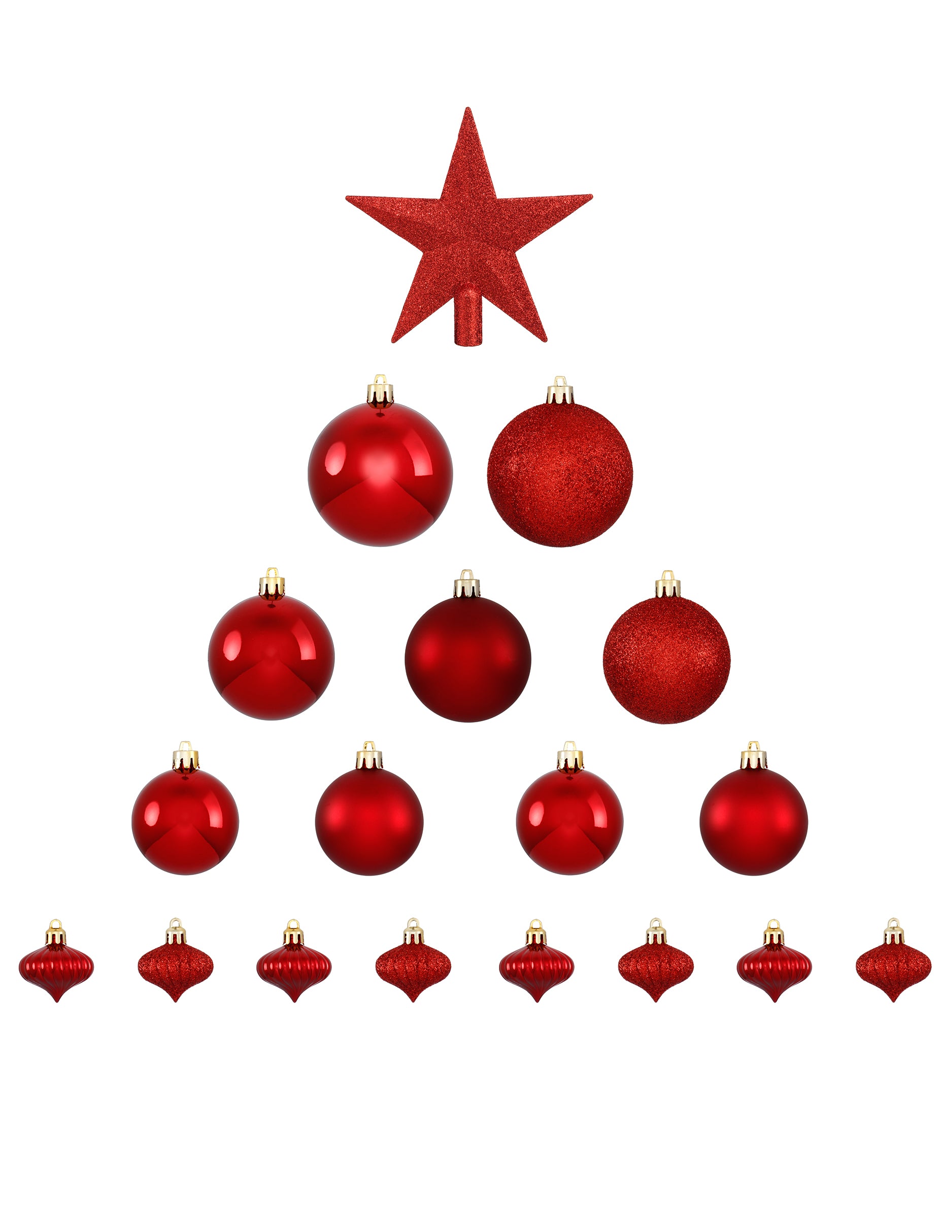 Vue d'ensemble des 18 pièces du kit décorations de sapin pour fête