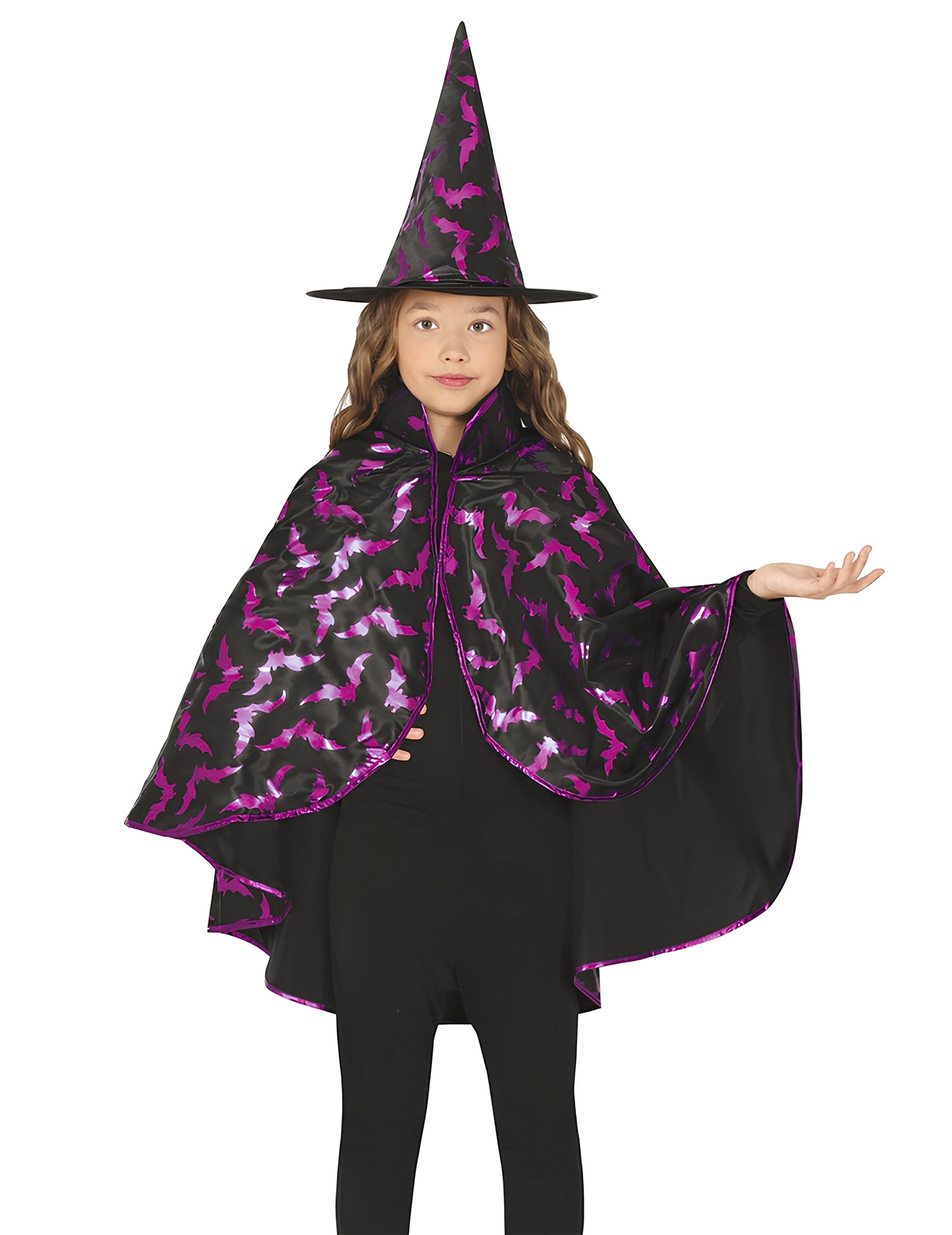 Kit cape et chapeau de sorcière chauve-souris pour enfant noir et violet à motifs brillants