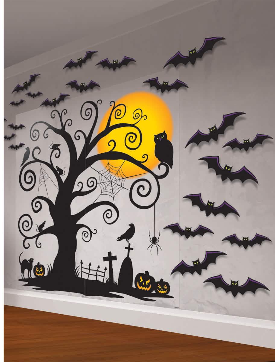 Halloween-musta hautausmaan seinäkoristesetti lepakot ja kurpitsat