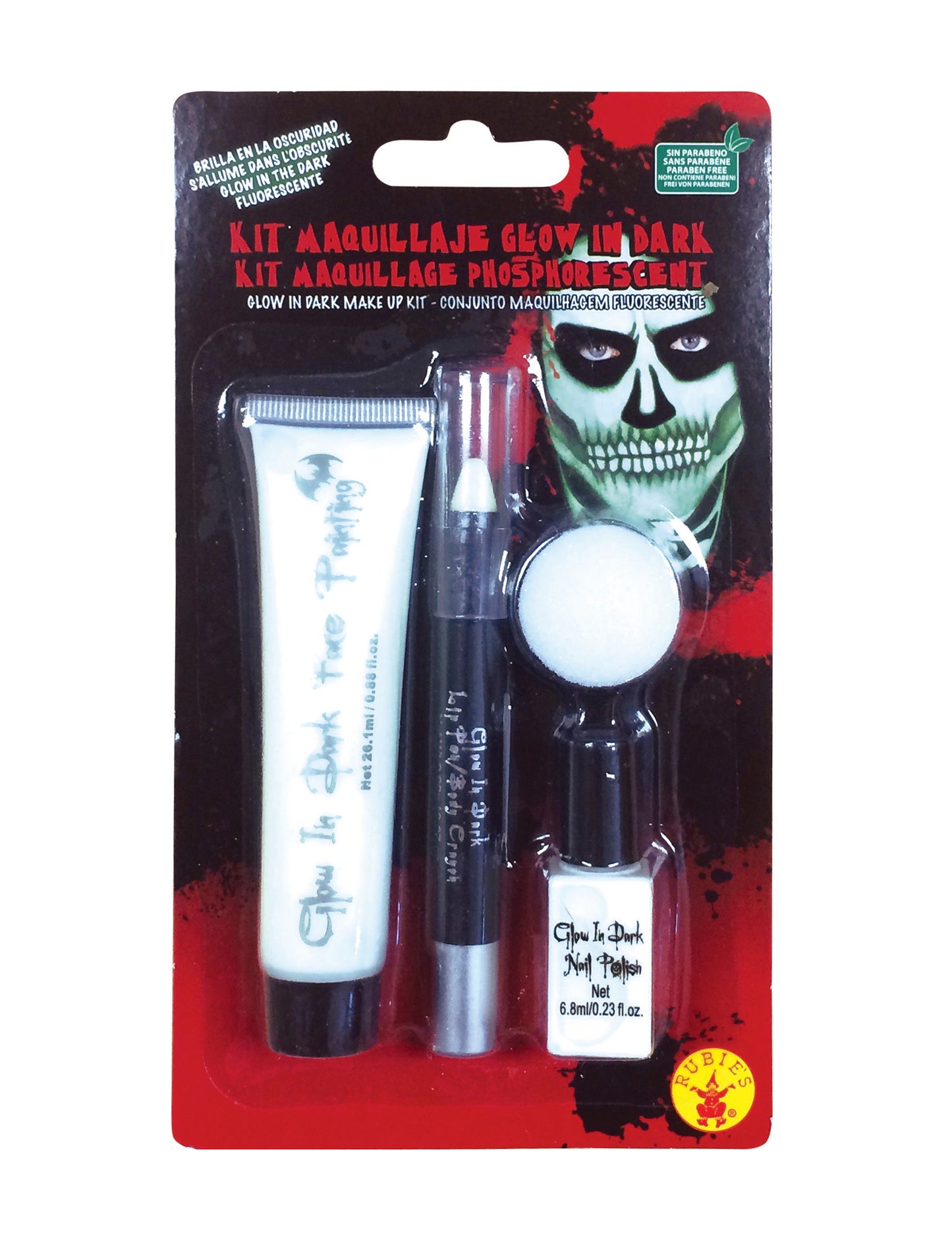 Détail du packaging du kit de maquillage phosphorescent pour adulte vert motif squelette