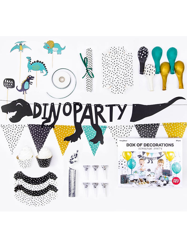 Kit décoration anniversaire dinosaure pour enfant 39 pièces noir jaune et vert