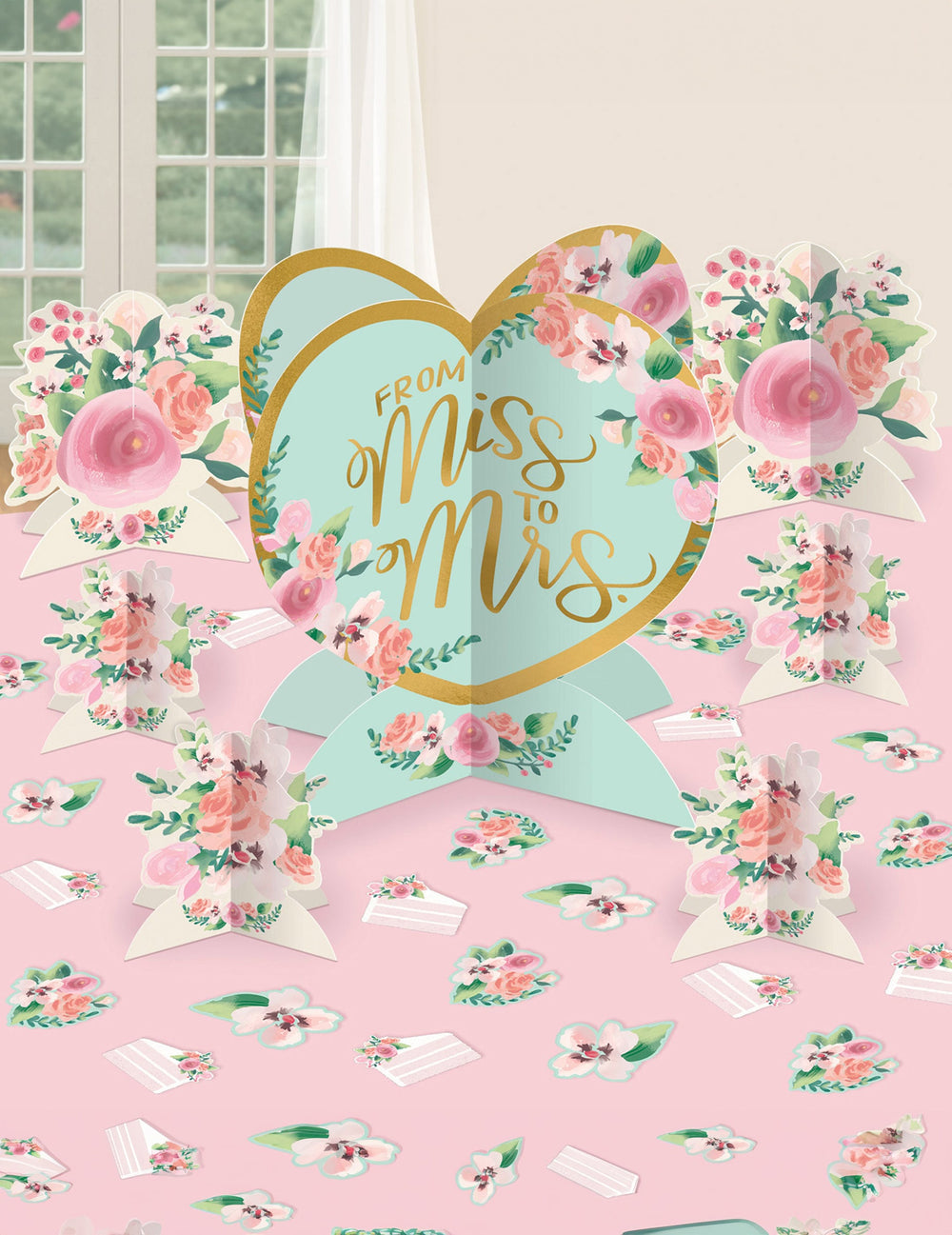 Vue d'ensemble des éléments du kit décoration de table From Miss to Mrs pour mariage liberty