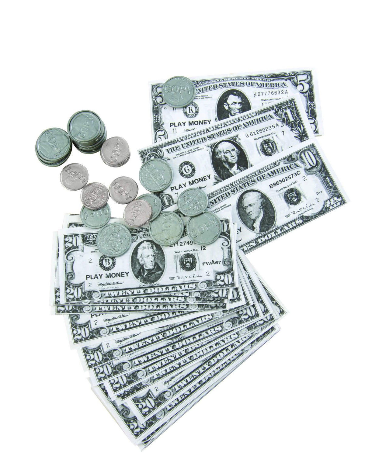 Kit dollars billets et pièces pour enfant et adulte factices verts et argentés