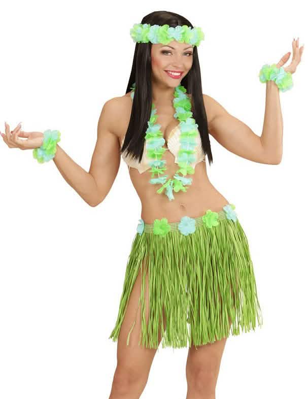 Kit hawaïen pour adulte bleu et vert avec jupe et parure de fleurs