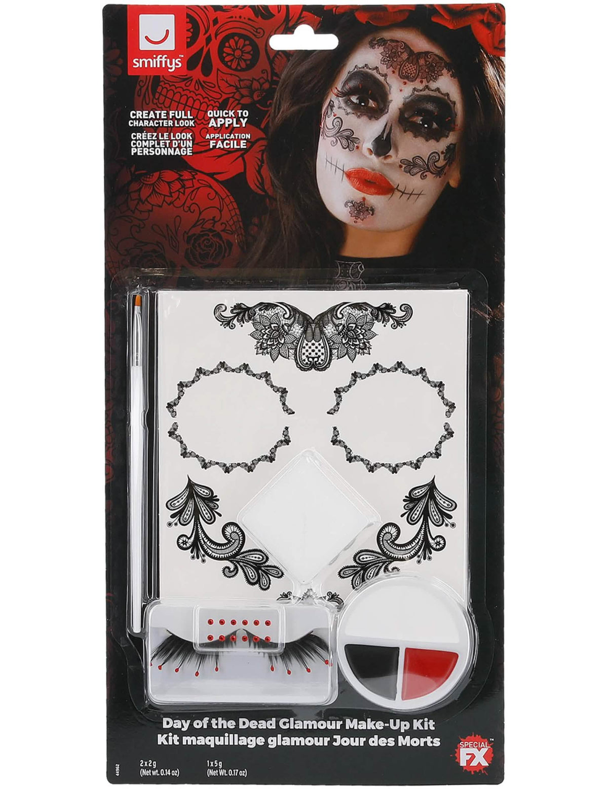Pakkauksen näkymä glamuurimeikkisarjasta, jossa on irtoripset ja korut dìa de los muertos