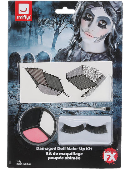 Détail des accessoires et du packaging du kit maquillage poupée Halloween
