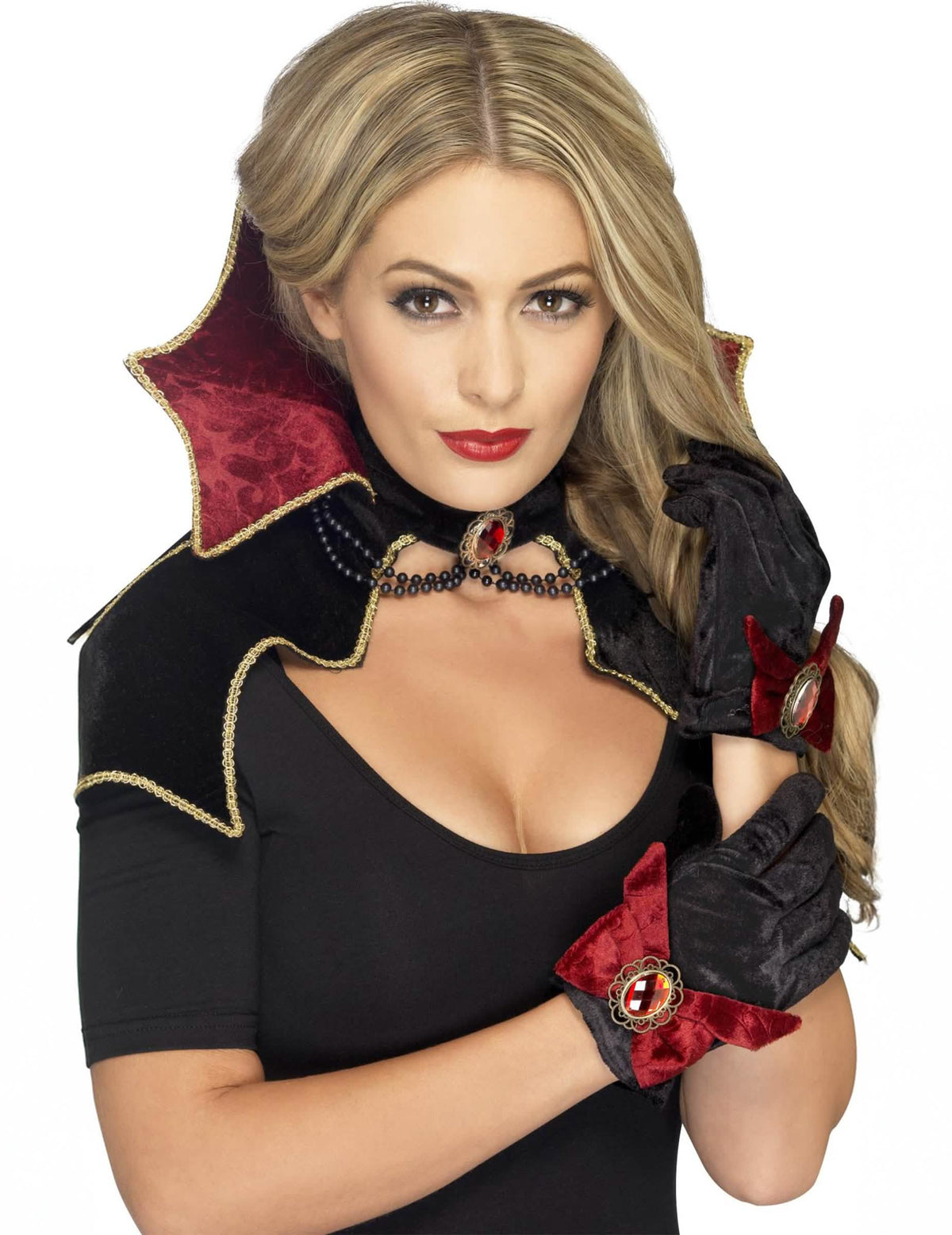 Vampyyriasetti naisille musta ja punainen hanskat ja käsineet ja korkea kaulus