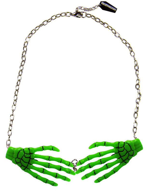 Collier chaîne pendentif mains de squelette pour adulte vert fluo