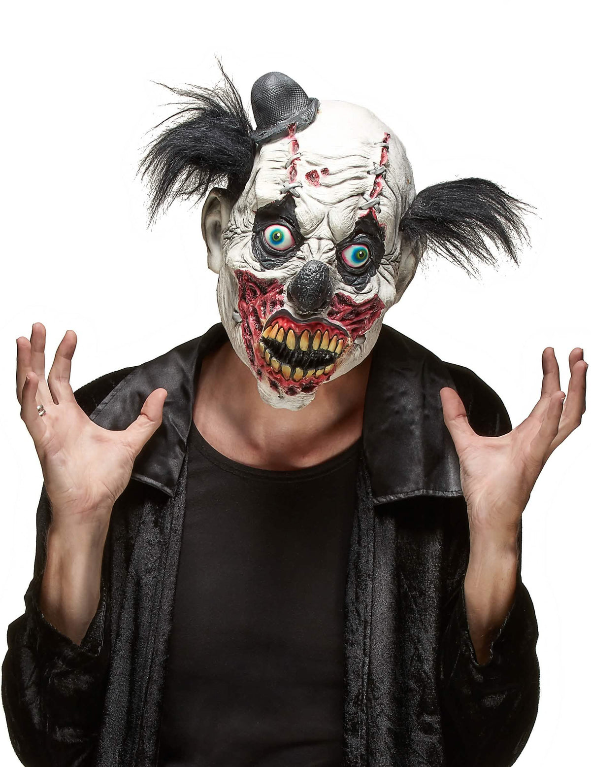 lateksinen verinen klovni halloween-maski aikuiset valkoinen ja punainen mustilla hiuksilla