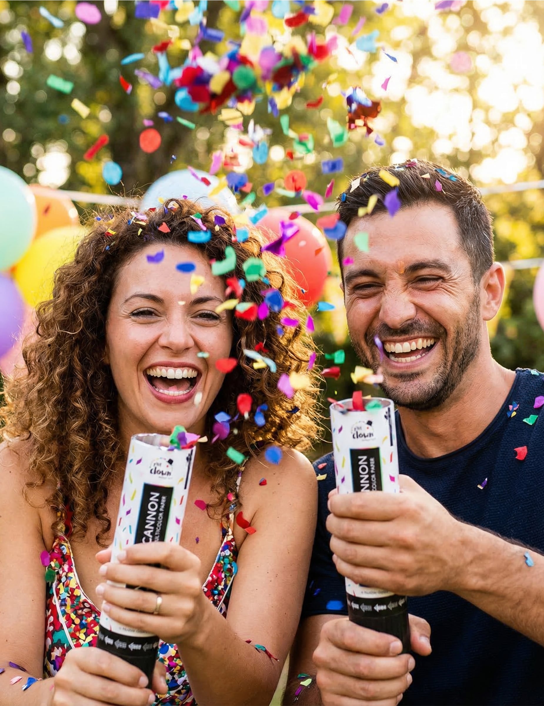 Mise en situation du lot de 2 canons à confettis multicolores en papier