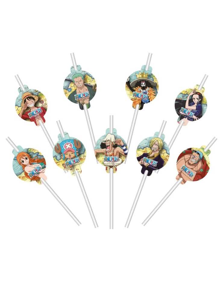 Lot de 9 pailles en papier avec médaillons One Piece multicolores avec personnages de l'équipage