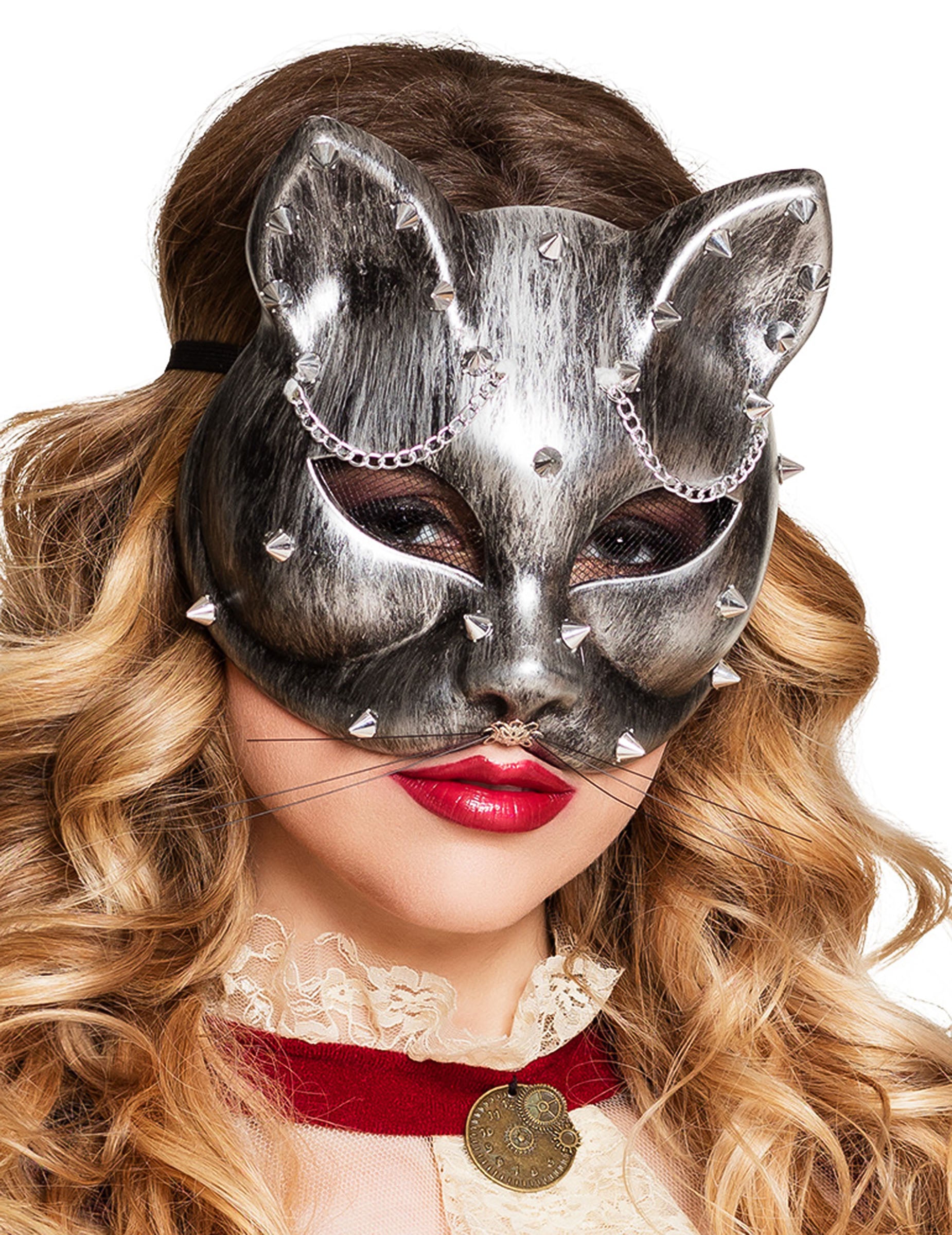 Loup chat Steampunk pour adulte argenté à clous et chaînes