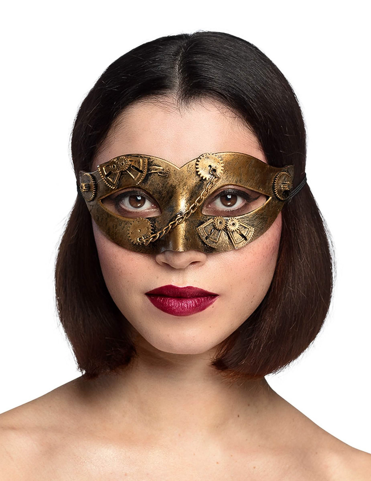 Lähikuva naisten steampunk-suden kultaisista hammaspyöristä