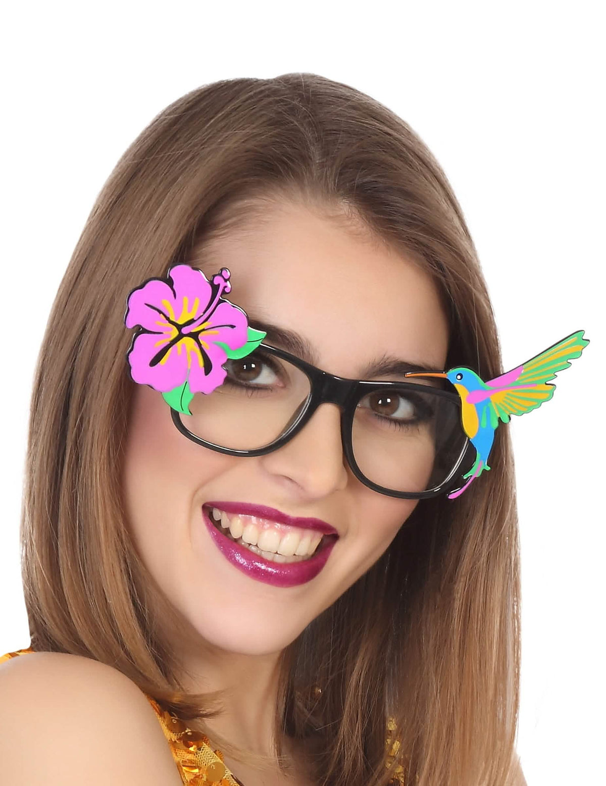 kesäiset havaijilaiset silmälasit aikuisille, mustat, joissa on vaaleanpunainen hibiskuskukka ja monivärinen kolibri
