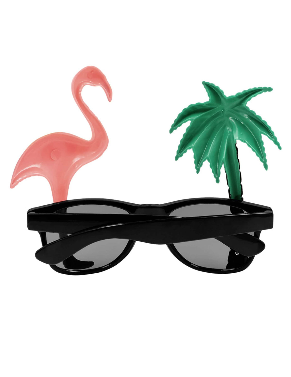 Takaa näkyvä näkymä aikuisille tarkoitetuista havaijilaisista silmälaseista, joissa on palmu ja flamingo
