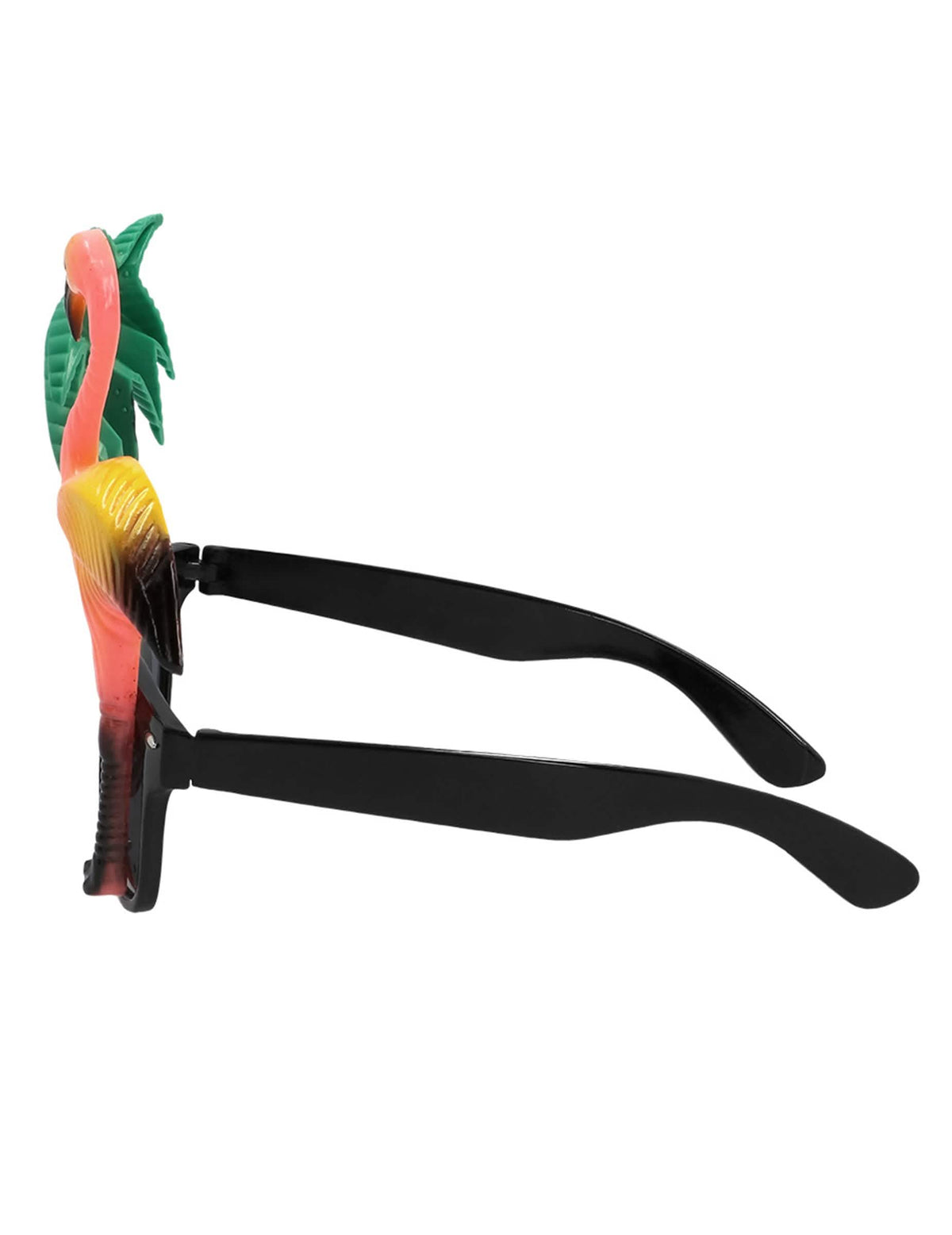 Sivuprofiili aikuisille tarkoitetuista havaijilaisista silmälaseista, joissa on palmu ja flamingo