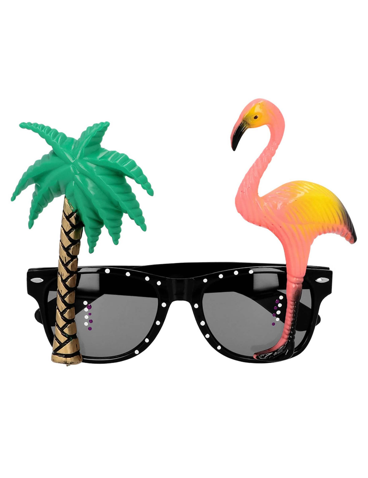Edestä näkyvät aikuisten havaijilaiset silmälasit, joissa on palmu ja flamingo