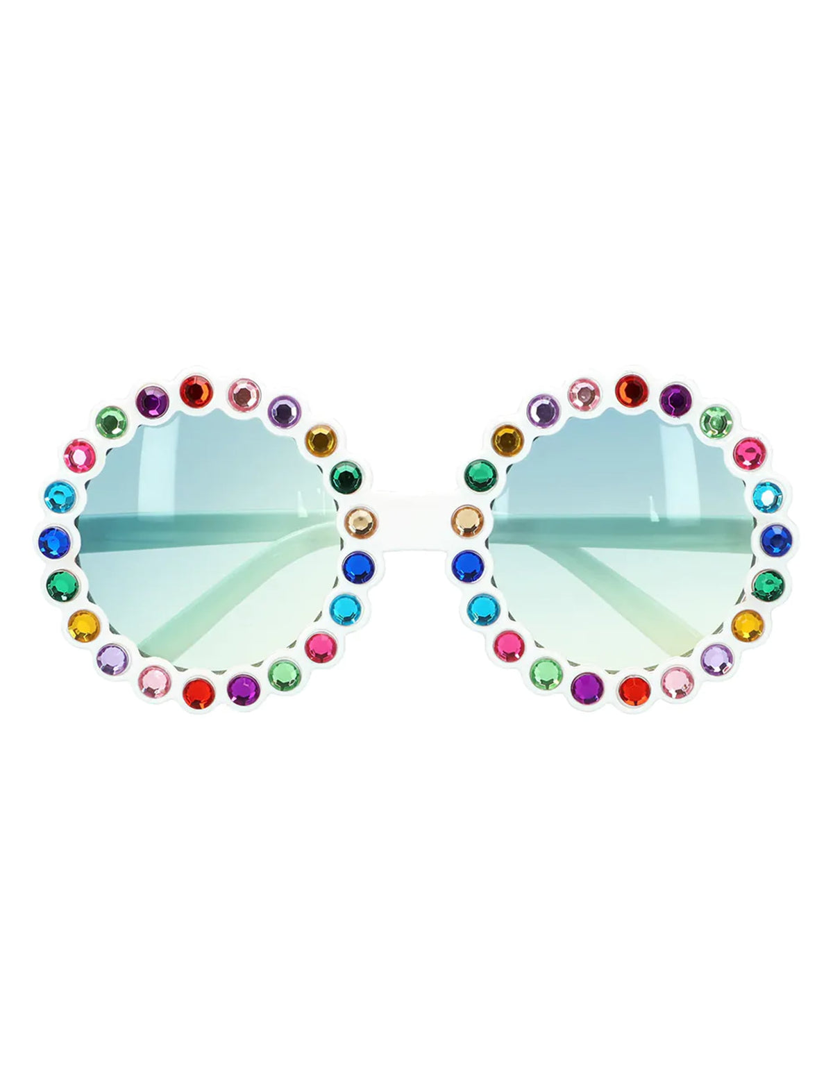 Détail des strass colorés des lunettes rondes à strass multicolores