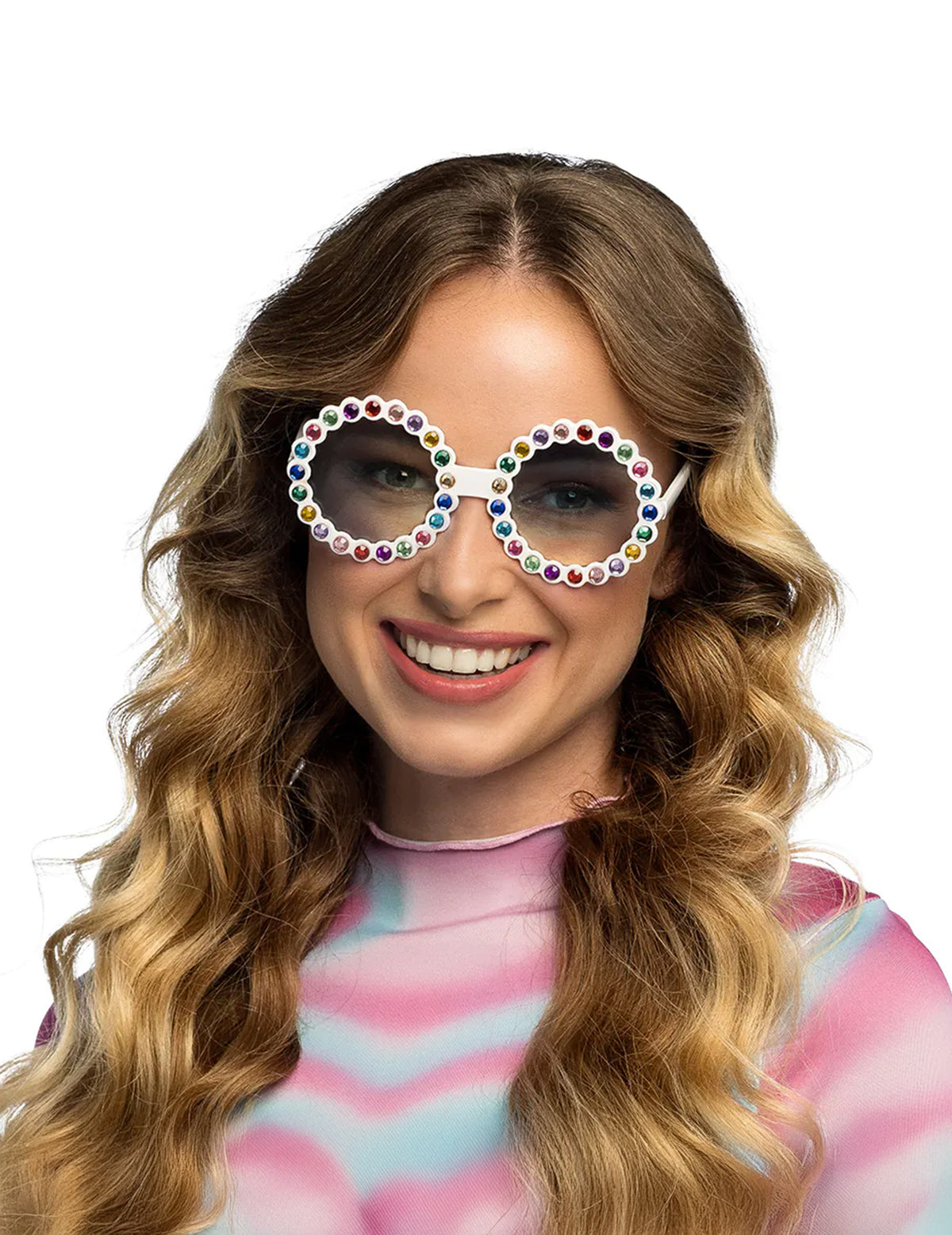 Lunettes rondes à strass multicolores pour femme avec monture blanche