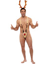 Mankini renne humoristique pour adulte beige avec bois de renne et nez rouge