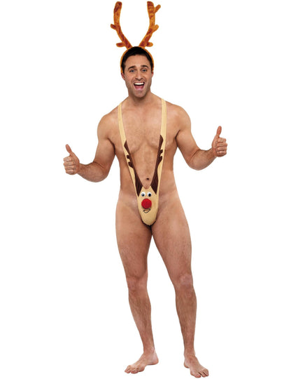 Mankini renne humoristique pour adulte beige avec bois de renne et nez rouge