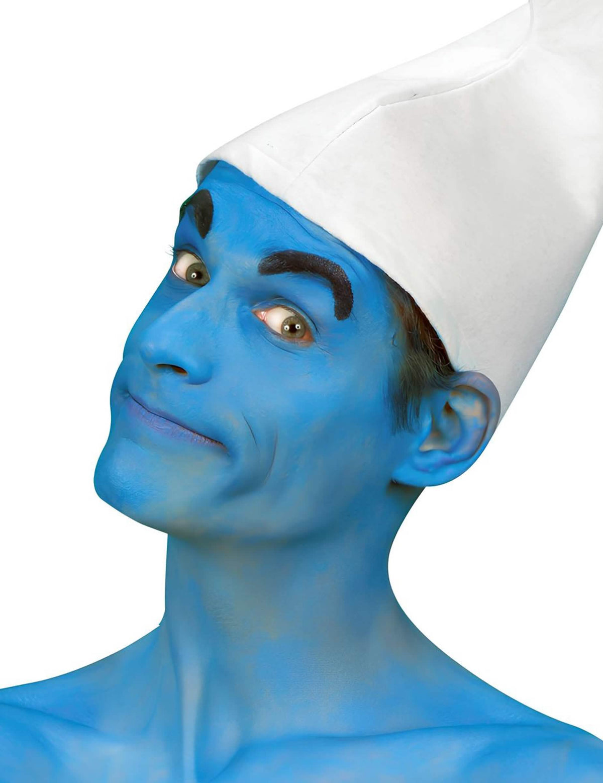 Mise en situation façon Schtroumpf du maquillage à l'eau pour visage et corps bleu