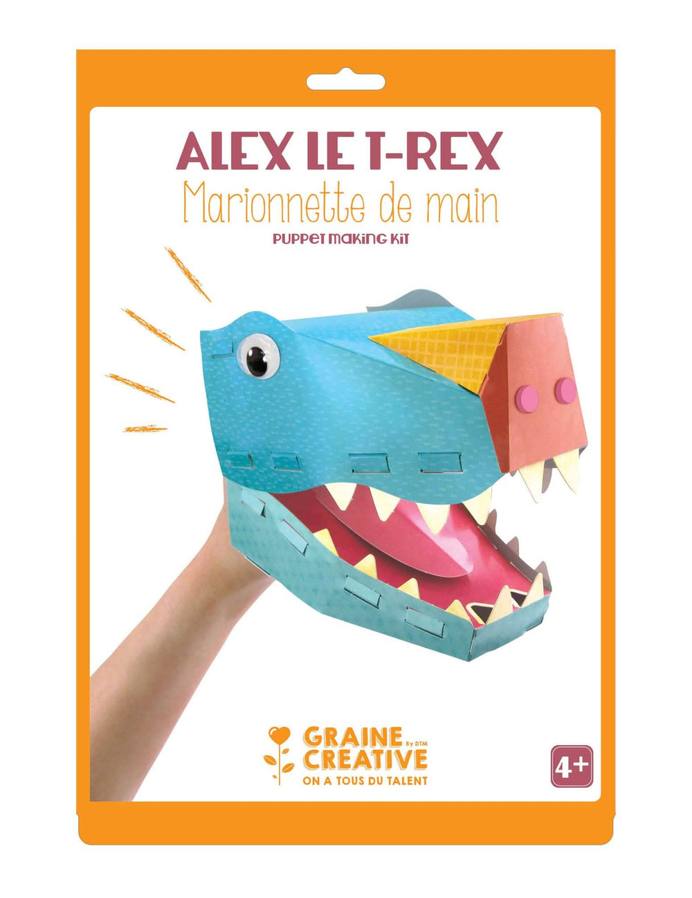 Alex T-Rexin käsiukkeli lapset sininen ja oranssi luova pahvisetti