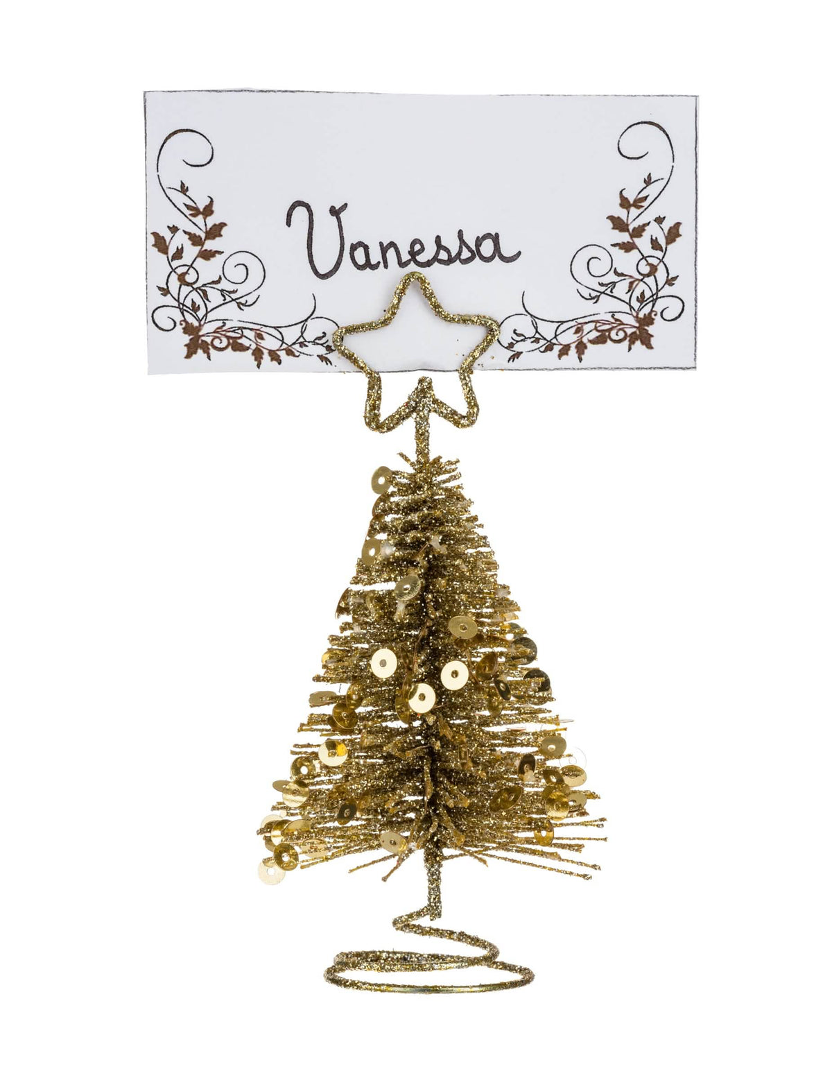 Marque-place sapin pour décoration de table doré en métal pailleté