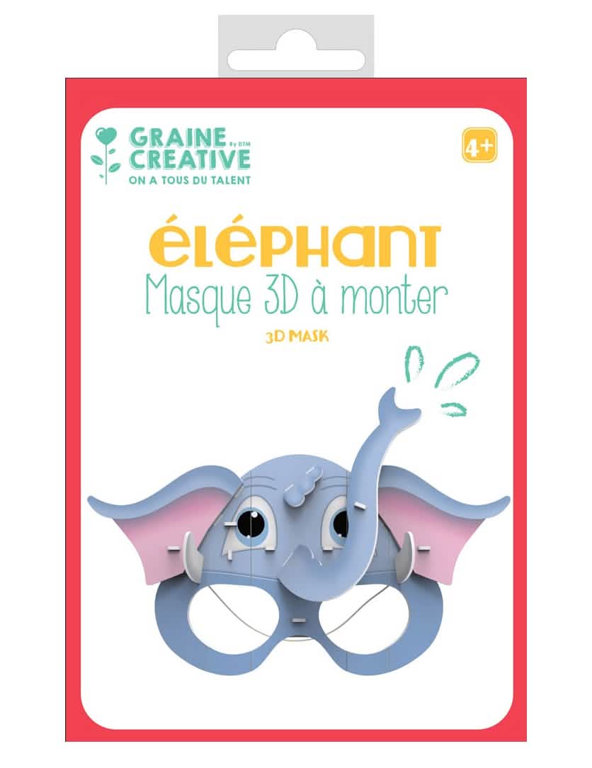 3D-naamio koottavaksi pahvista, elefantti lapsille sininen ja vaaleanpunainen