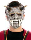 Masque démon japonais pour adulte gris argenté avec cornes et crocs