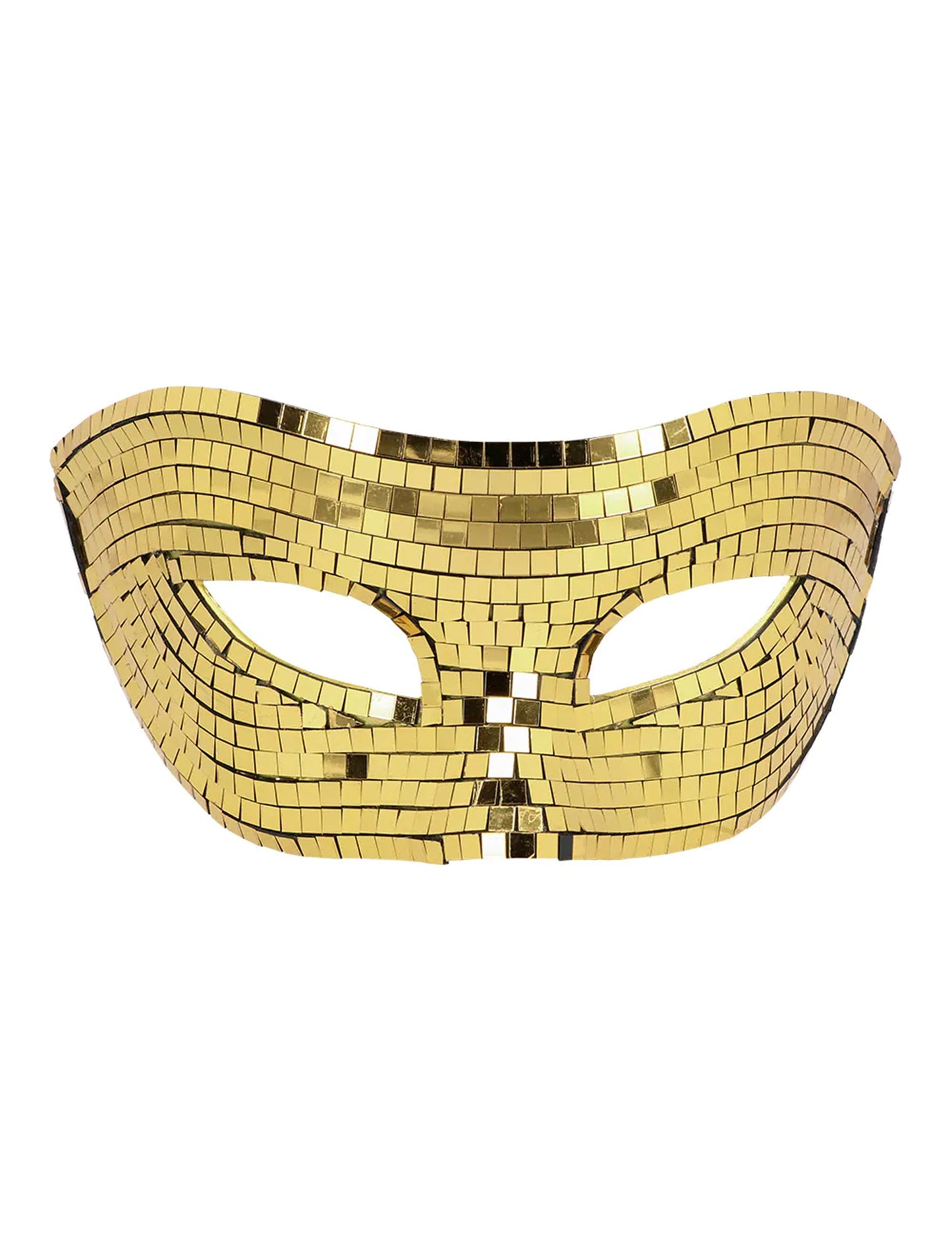 Détail des facettes dorées du masque disco à facettes pour adulte