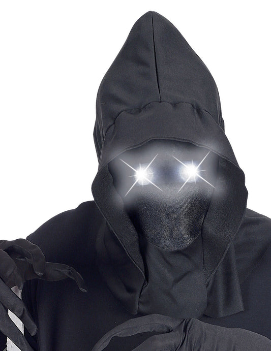 Détail des yeux lumineux du masque intégral à capuche visage invisible et yeux lumineux