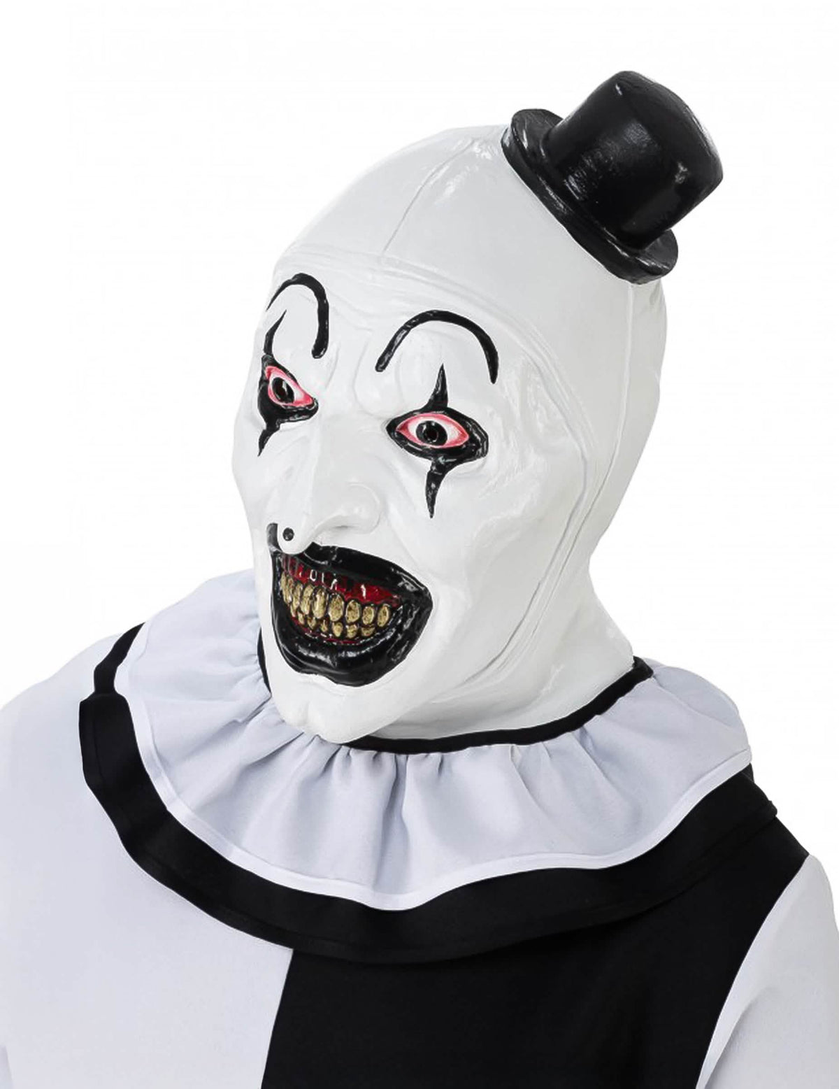 Masque intégral luxe Terrifier™ pour adulte blanc et noir avec mini chapeau haut de forme