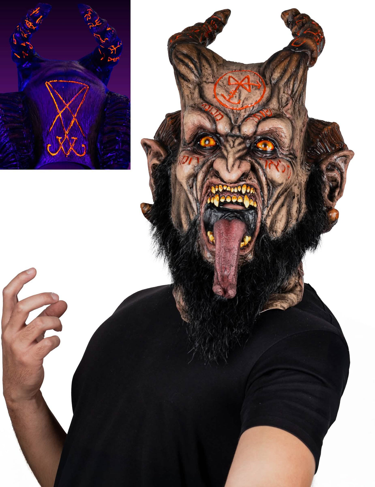 Masque intégral monstre de l'apocalypse pour adulte marron et noir avec cornes et motifs UV orange