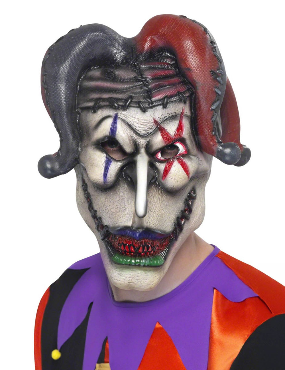 joker-halloween-maski aikuiset punainen ja musta bouffonin hatulla