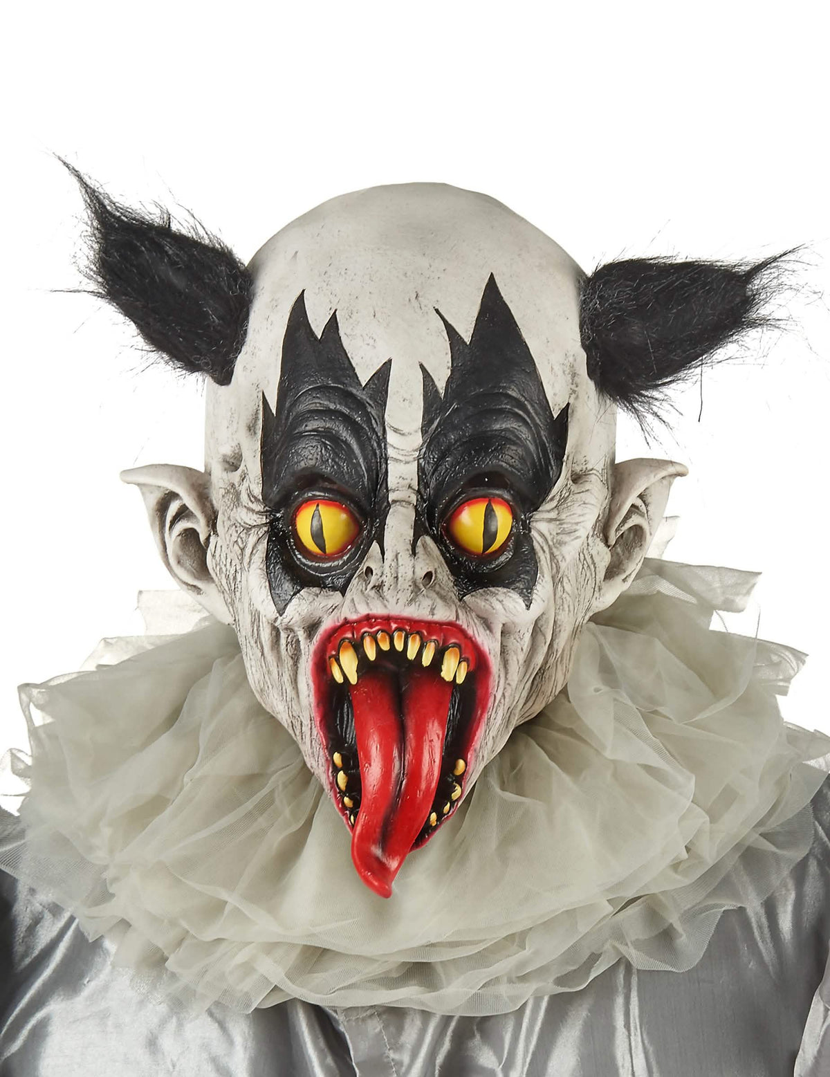 Masque latex clown pour adulte noir et blanc avec langue rouge