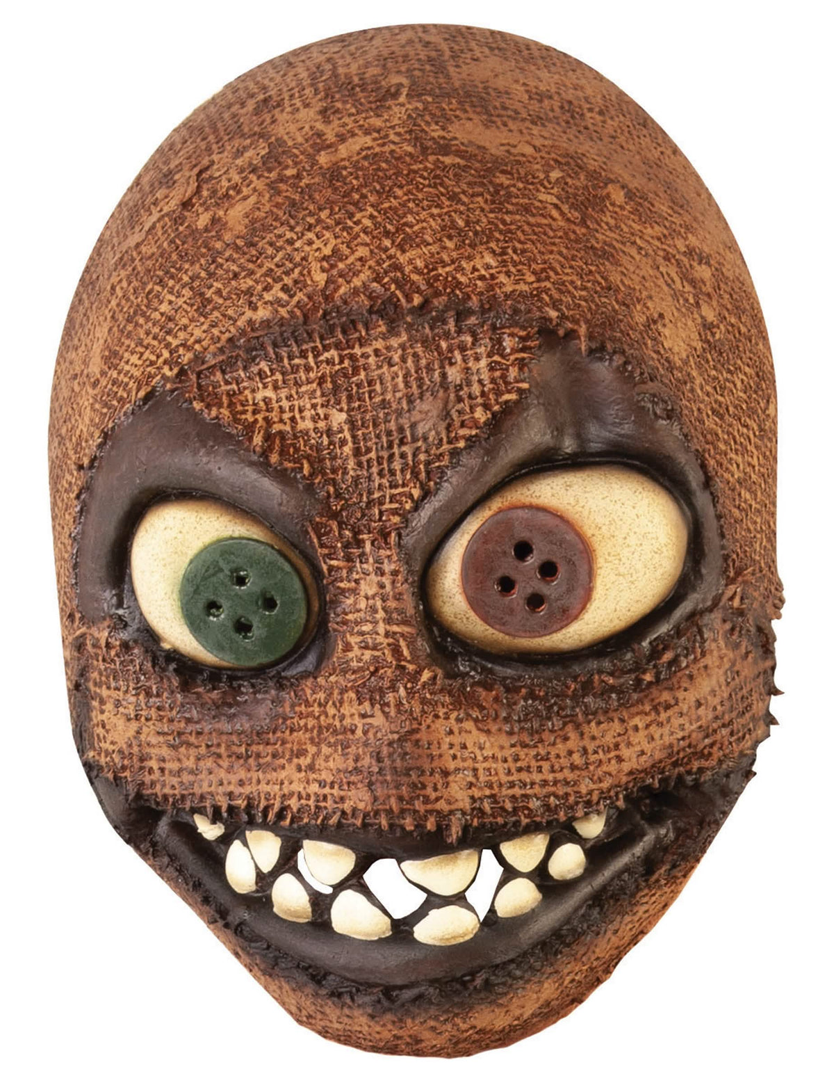 Gros plan sur les yeux boutons et la bouche du masque latex effet sac