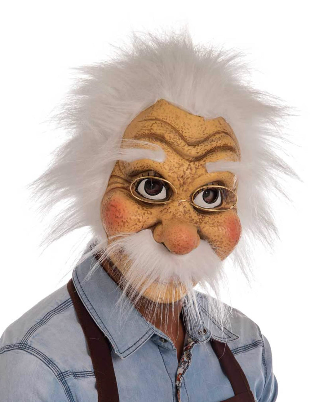 Geppetto-lateksinaamari aikuiset beige hiuksilla, valkoisella viiksellä ja silmälasit