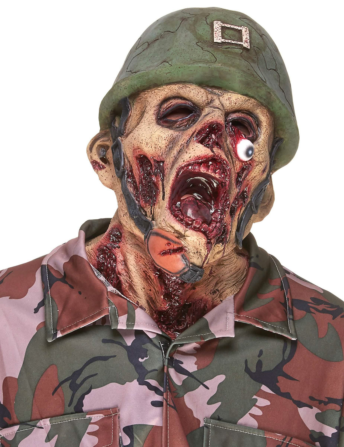 Masque latex soldat zombie pour adulte avec casque et détails ensanglantés