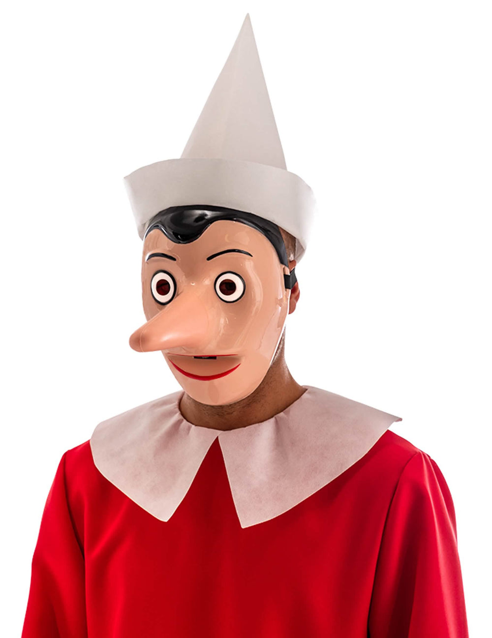 Masque plastique Pinocchio pour adulte avec nez détachable et chapeau blanc