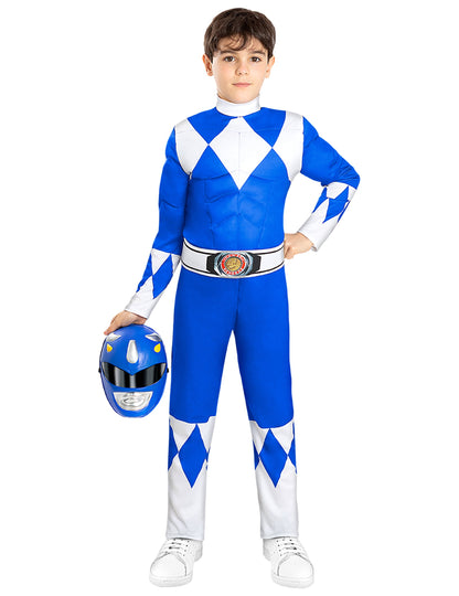 Masque tenu à la main et tenue complète du Masque Power Ranger pour enfant bleu
