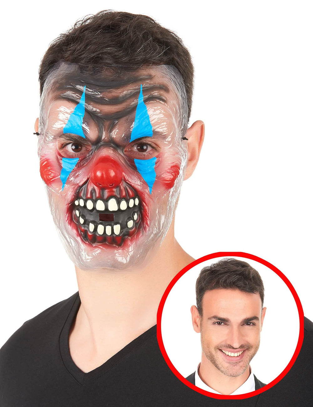 Masque transparent clown effrayant pour adulte bicolore bleu et rouge
